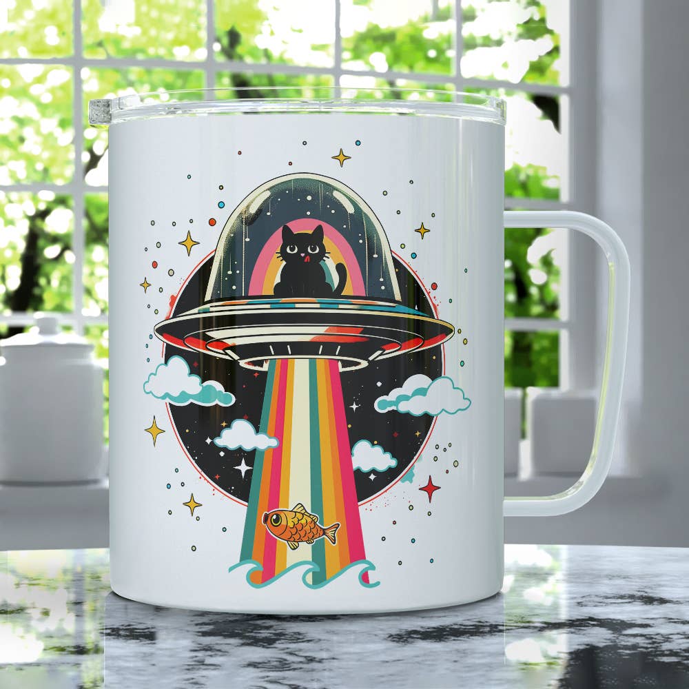 Cat UFO Abduction Insulated Mug, Fun Retro Paranormal Gifts