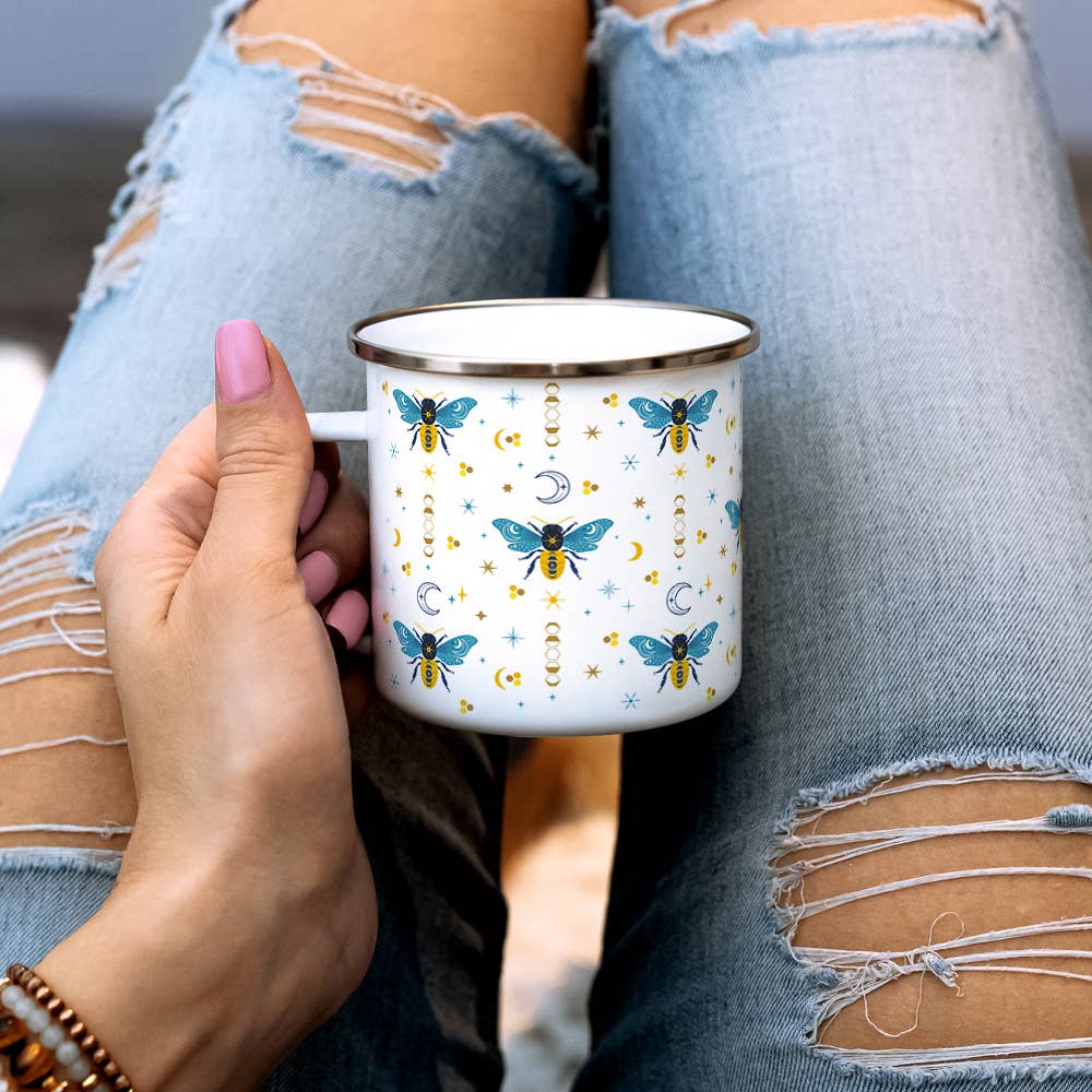 Celestial Bee Pattern Camp Mug, Nature Moon Stars Cup