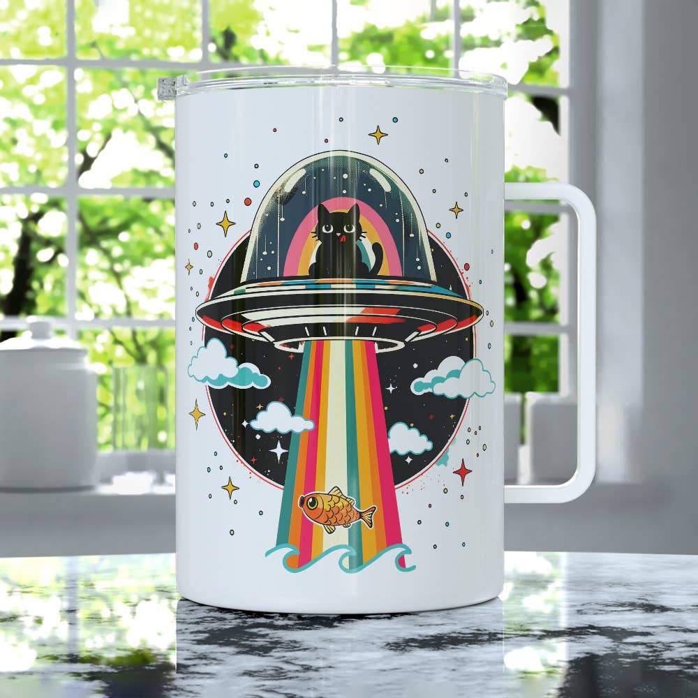 Cat UFO Abduction Insulated Mug, Fun Retro Paranormal Gifts