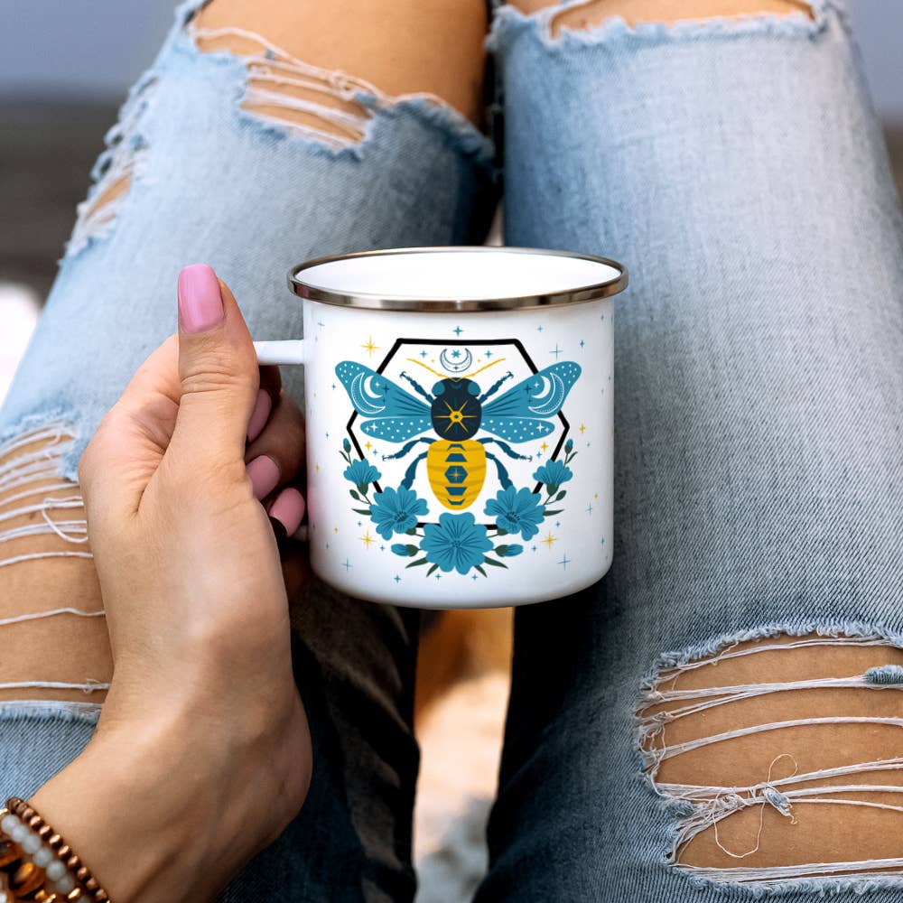 Celestial Bee Camp Mug, Honey Bee Nature Moon Stars Cup