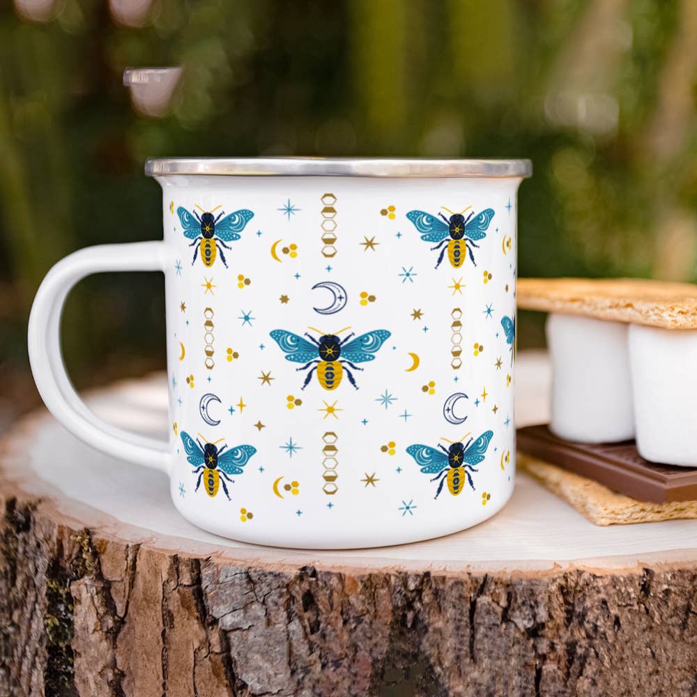 Celestial Bee Pattern Camp Mug, Nature Moon Stars Cup