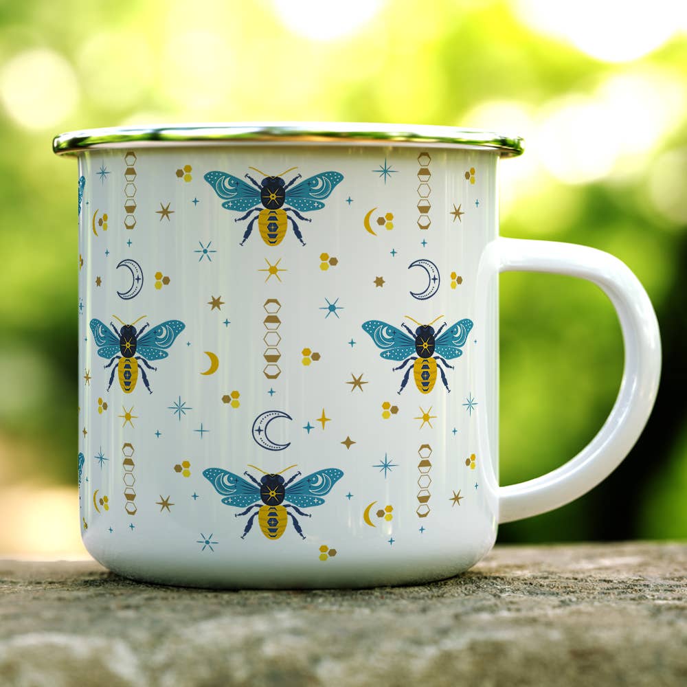 Celestial Bee Pattern Camp Mug, Nature Moon Stars Cup