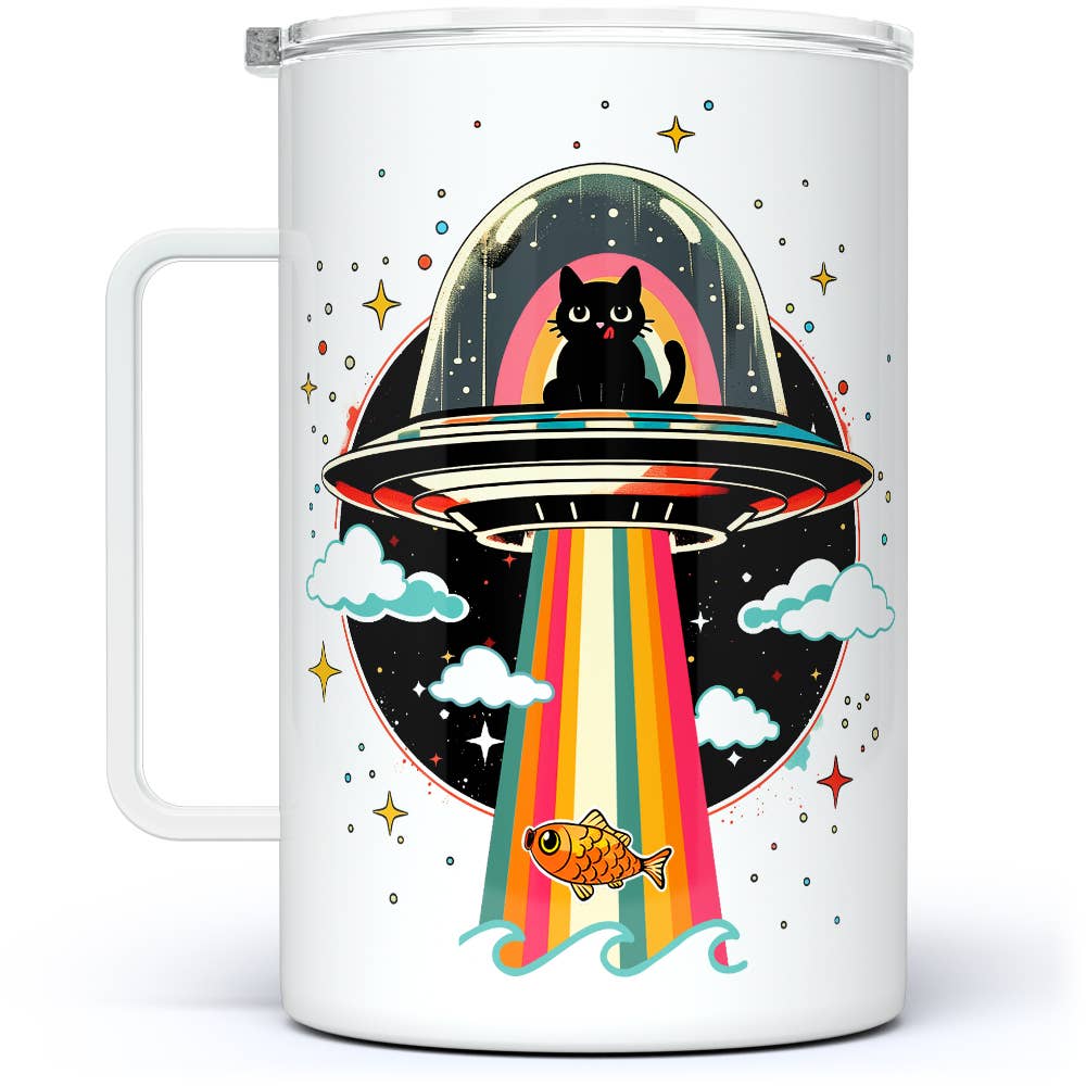 Cat UFO Abduction Insulated Mug, Fun Retro Paranormal Gifts
