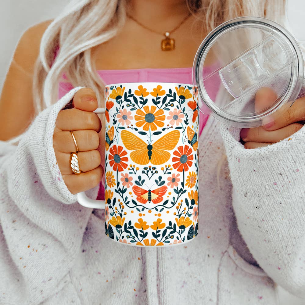 Floral Butterfly Insulated Travel Mug, Nature Flower Gifts