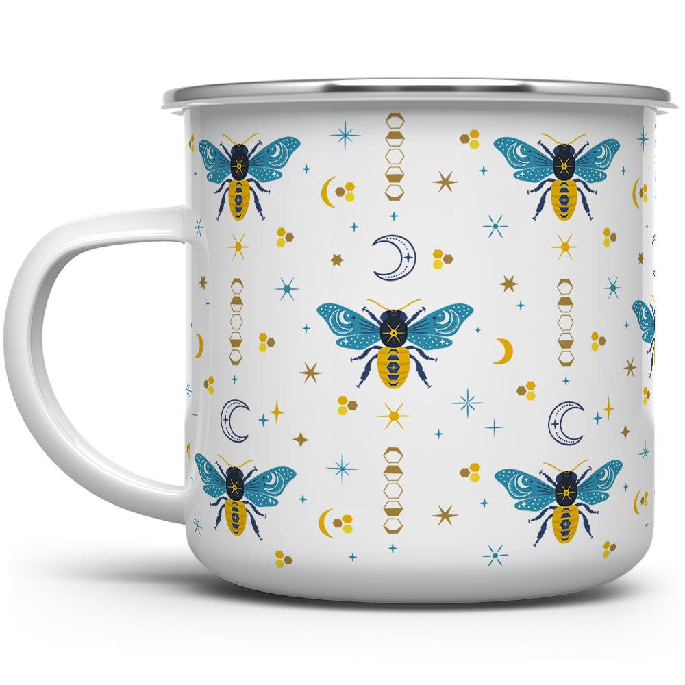 Celestial Bee Pattern Camp Mug, Nature Moon Stars Cup
