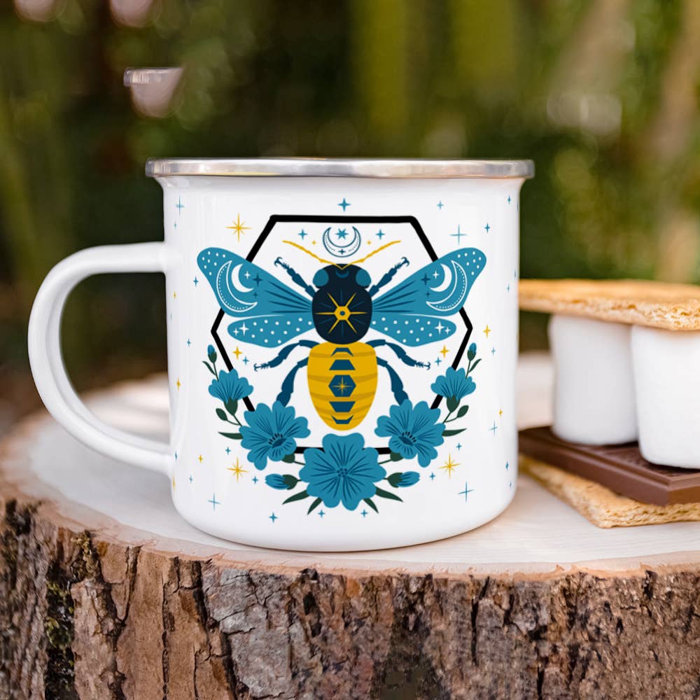 Celestial Bee Camp Mug, Honey Bee Nature Moon Stars Cup