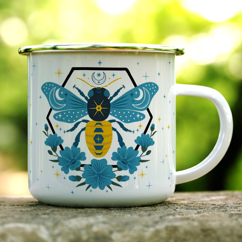 Celestial Bee Camp Mug, Honey Bee Nature Moon Stars Cup