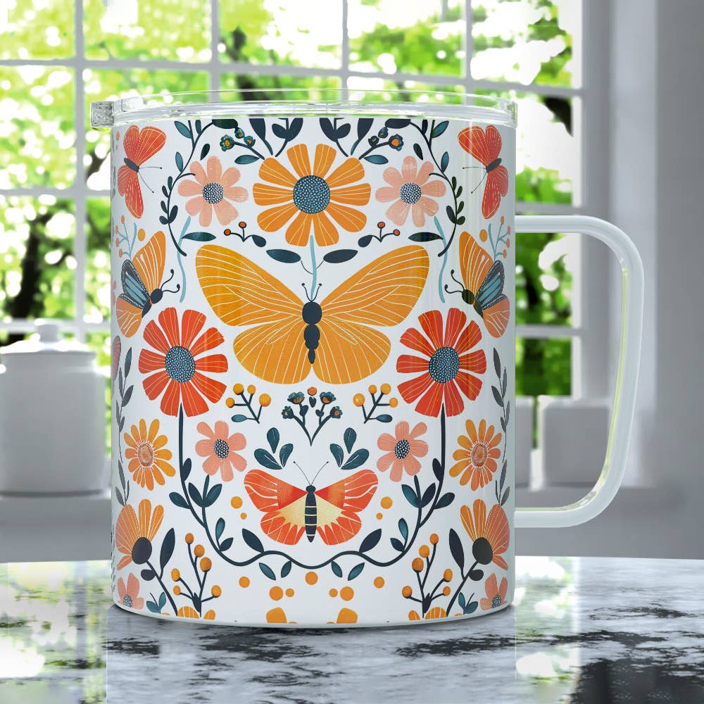 Floral Butterfly Insulated Travel Mug, Nature Flower Gifts