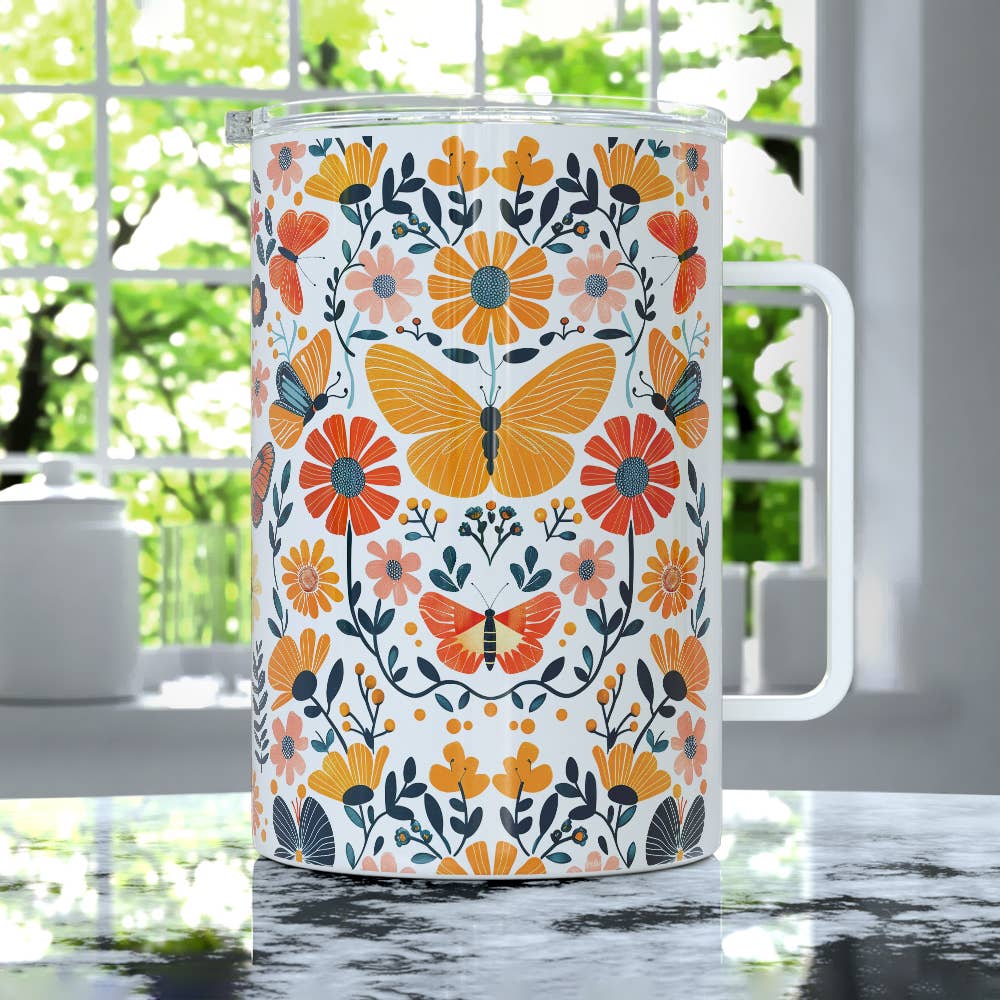 Floral Butterfly Insulated Travel Mug, Nature Flower Gifts
