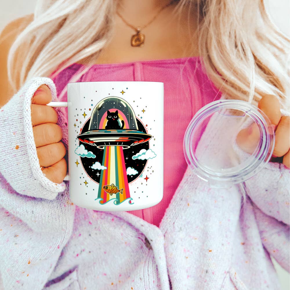 Cat UFO Abduction Insulated Mug, Fun Retro Paranormal Gifts