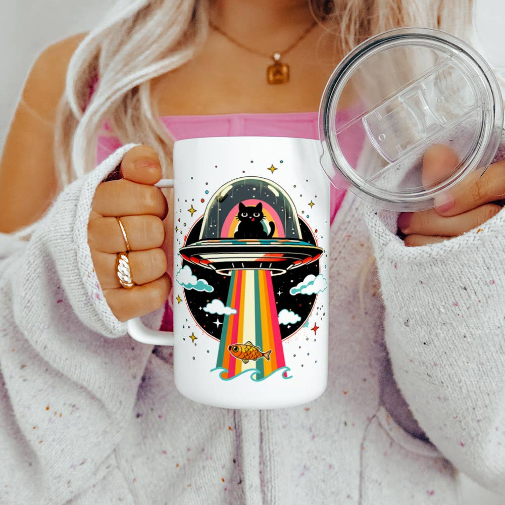 Cat UFO Abduction Insulated Mug, Fun Retro Paranormal Gifts