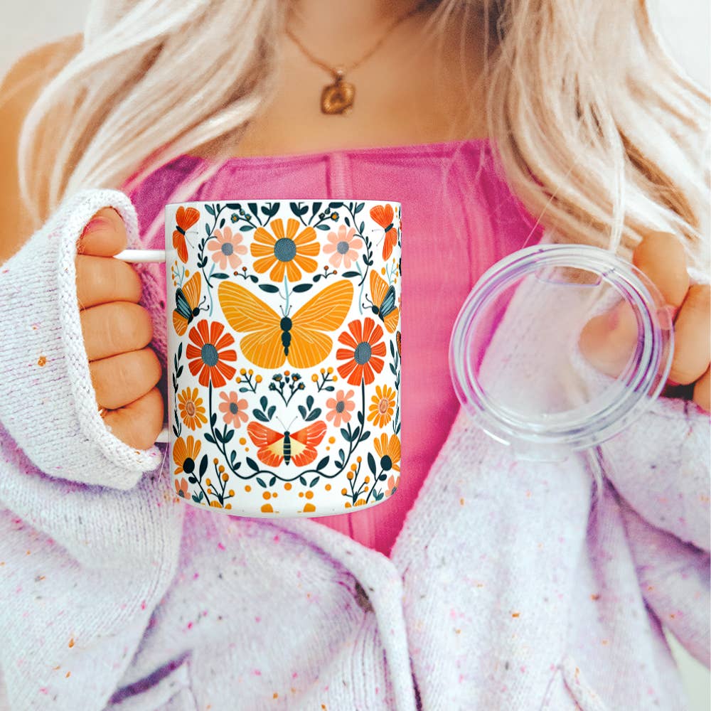 Floral Butterfly Insulated Travel Mug, Nature Flower Gifts