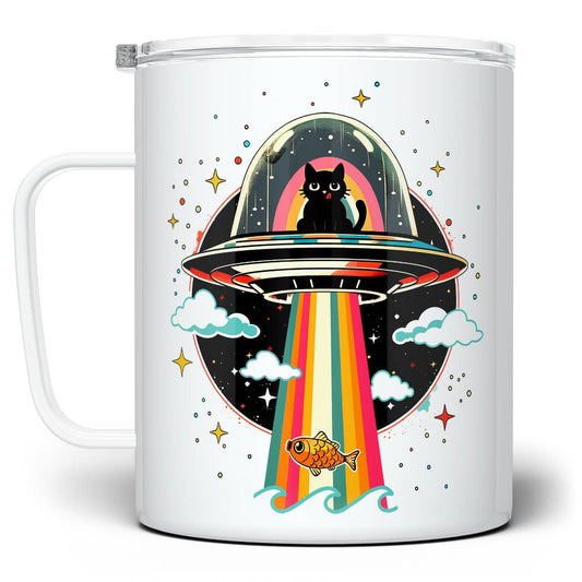 Cat UFO Abduction Insulated Mug, Fun Retro Paranormal Gifts